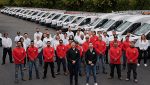 A large group of employees poses in front of a fleet of white HVAC service vans parked in rows, with some wearing red shirts and others in white or black. Trees line the background.