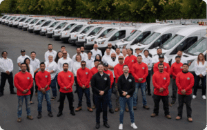 A group of employees stands in front of a fleet of white work vans parked in rows, representing an HVAC and plumbing team, with some people wearing red shirts and others in white.
