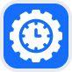 Icon of a clock within a gear, symbolizing time management and efficiency in a blue square design.