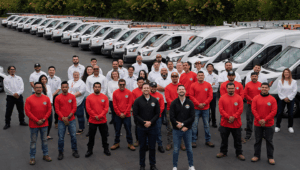 A large group of employees poses in front of a fleet of white HVAC service vans parked in rows, with some wearing red shirts and others in white or black. Trees line the background.