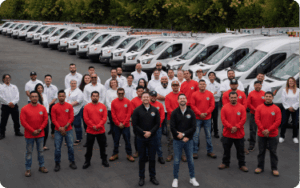 A group of employees stands in front of a fleet of white work vans parked in rows, representing an HVAC and plumbing team, with some people wearing red shirts and others in white.