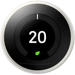 Smart thermostat displaying a temperature of 20 degrees with eco-friendly green leaf icon on the screen.