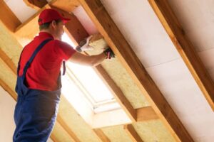 TRIO HVAC expert installing insulation in the roof of a house.
