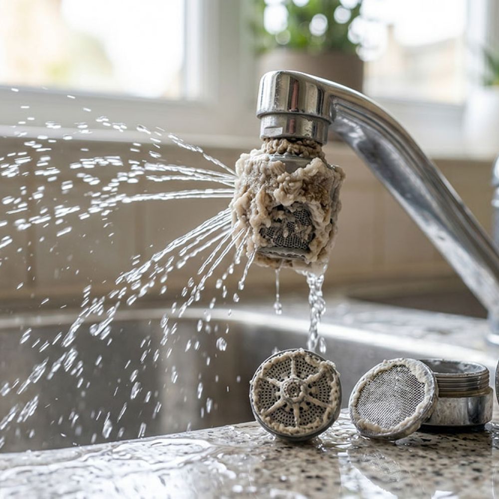 Leaky faucet with hard water residue causing water to spray sideways in a kitchen sink, illustrating maintenance need.