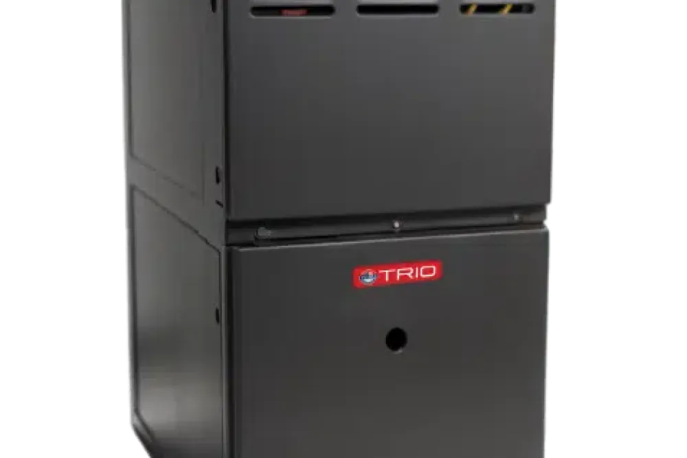 High-efficiency stationary black home furnace unit by TRIO for heating solutions.
