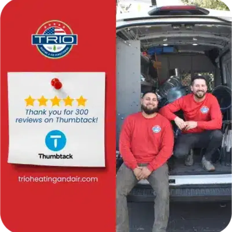 Two men in red shirts sit in the back of a work van. Next to them, a sign thanks customers for 300 Thumbtack reviews for Trio Heating and Air, highlighting their trusted HVAC and heating services.
