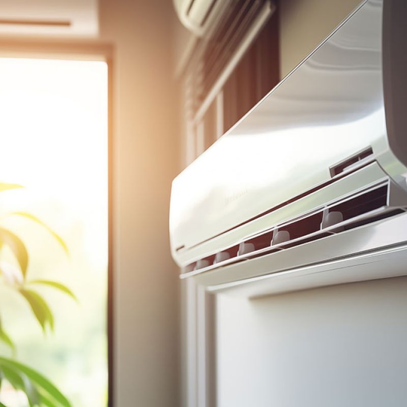 Modern wall-mounted air conditioner with sunlight and plant in background, creating a cool and fresh indoor environment.