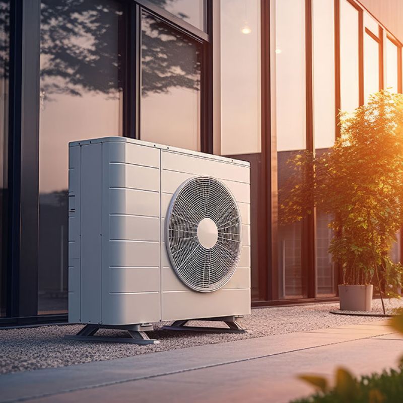 Outdoor heat pump unit in sunlit modern garden setting with glass-panel building facade. Eco-friendly climate control system.