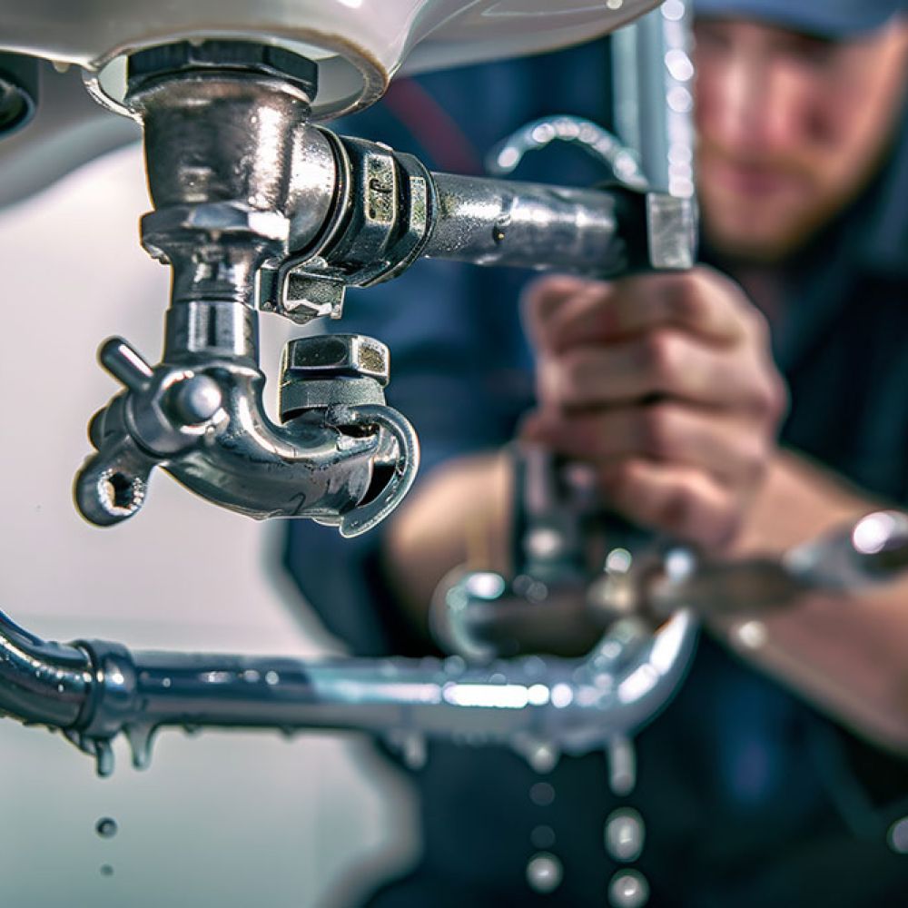 Plumber fixing a leaking sink pipe with wrench, water dripping, professional repair service.