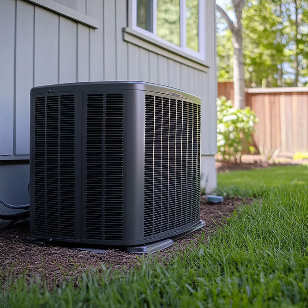 Outdoor HVAC unit next to house, set on grass, connected to external electrical box.