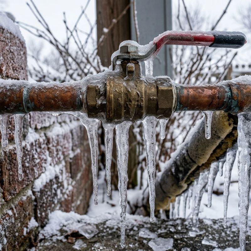 Frozen outdoor water pipe with icicles, highlighting winter plumbing risks and need for insulation.