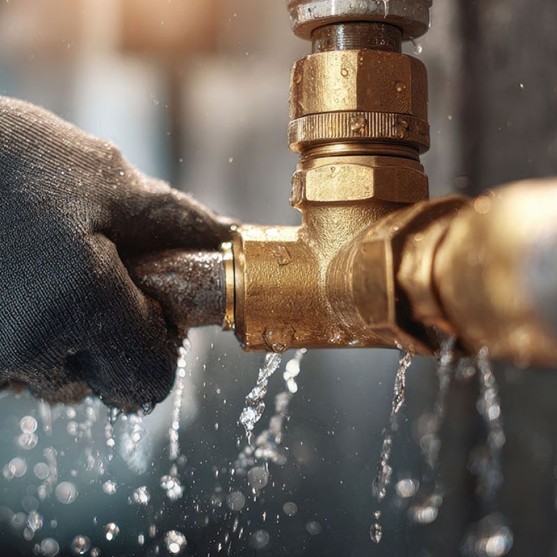 Plumber fixing a leaking brass pipe with water spraying, close-up of hands in black gloves.