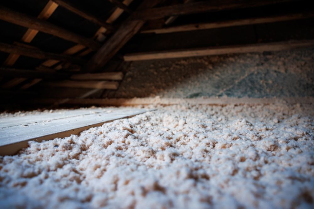 Insulated attic with cellulose fiber for energy efficiency and improved home comfort.