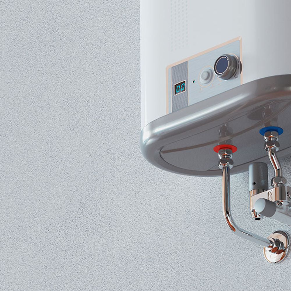 Wall-mounted electric water heater with temperature display and dual metal pipes for efficient home heating.
