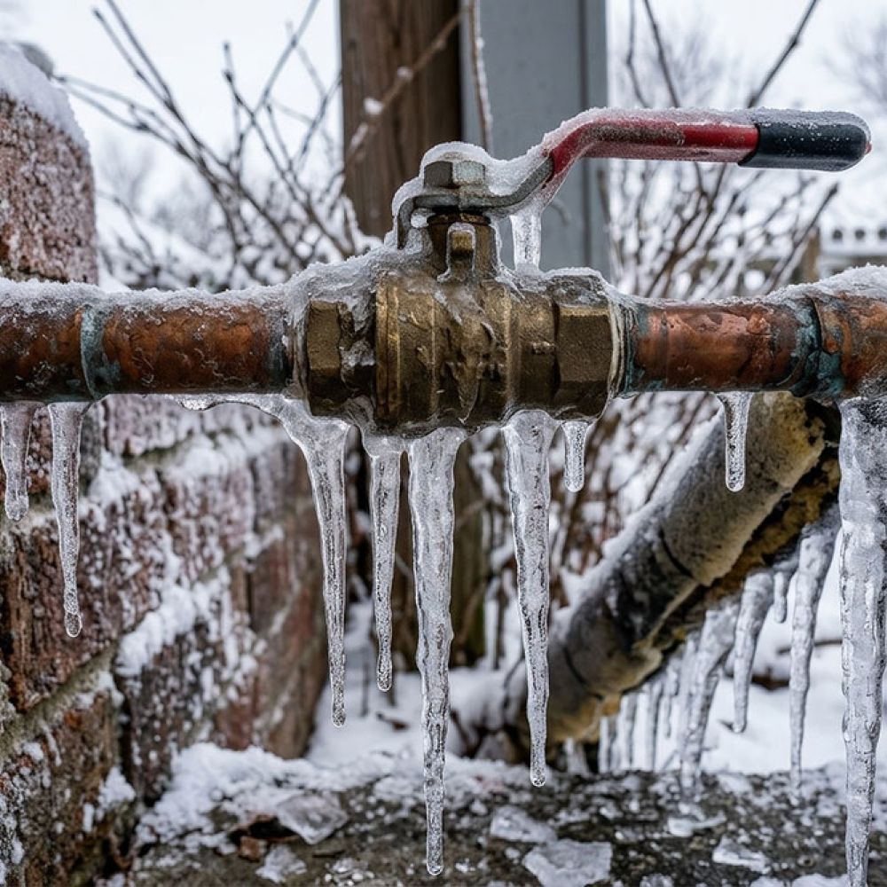 Frozen outdoor water pipe with icicles, highlighting winter plumbing risks and need for insulation.