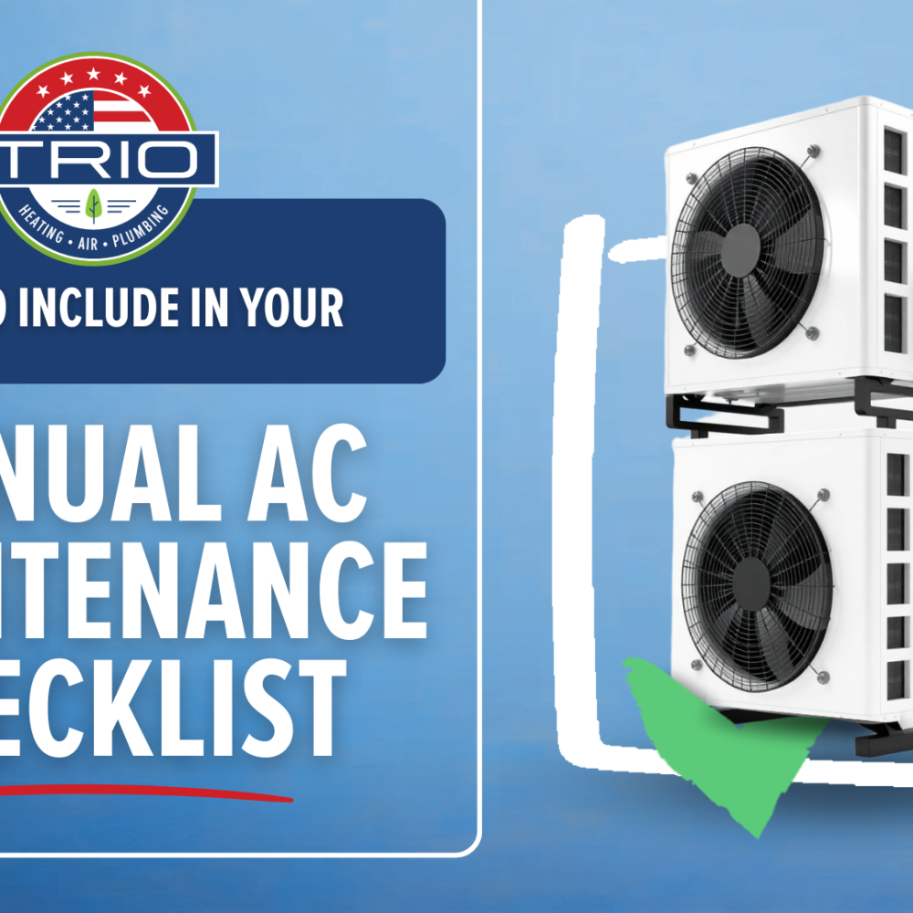 Annual AC Maintenance Checklist Guide with AC Units and Trio Heating, Air, Plumbing Logo on Blue Background