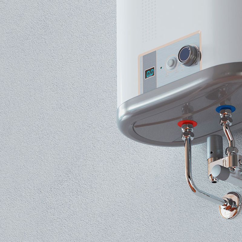 Wall-mounted electric water heater with temperature display and dual metal pipes for efficient home heating.