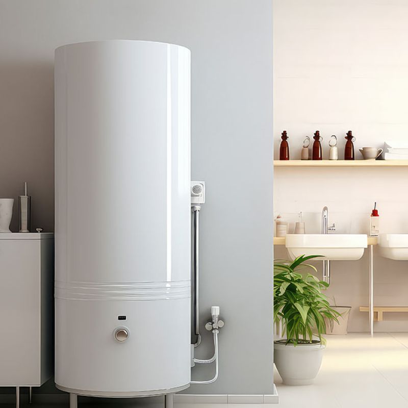Modern bathroom with a large white water heater, dual sinks, plants, and shelves displaying toiletries.