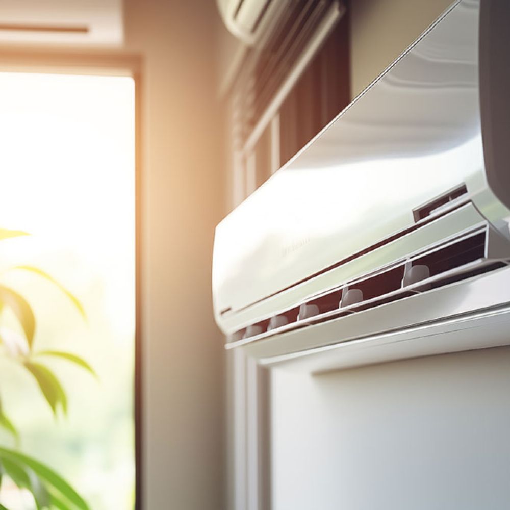 Modern wall-mounted air conditioner with sunlight and plant in background, creating a cool and fresh indoor environment.
