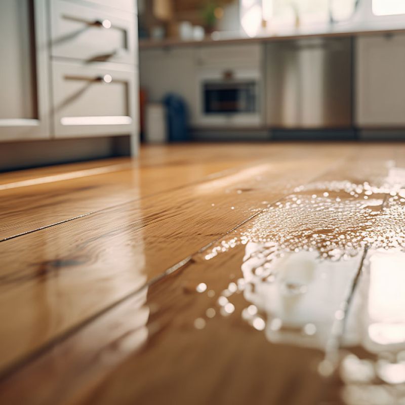 Wet wooden kitchen floor with sunlight reflection, highlighting spilled water near cabinets, creating a shiny surface.