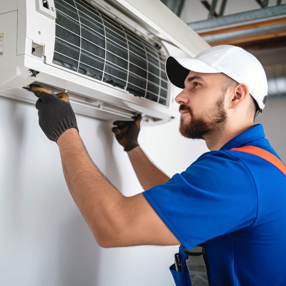 Technician performing air conditioner maintenance, wearing uniform and cap, ensuring optimal cooling efficiency.