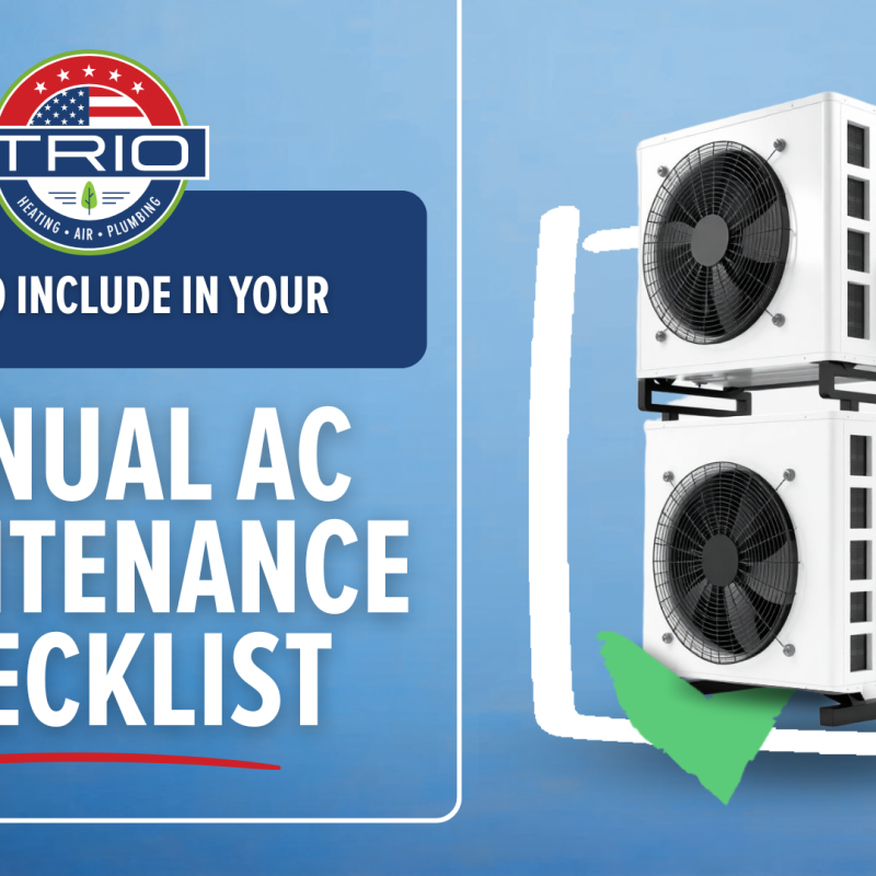 Annual AC Maintenance Checklist Guide with AC Units and Trio Heating, Air, Plumbing Logo on Blue Background
