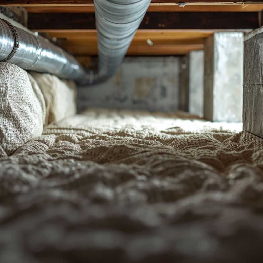 Crawl space insulation with exposed ductwork, enhancing energy efficiency and moisture control in a home basement.