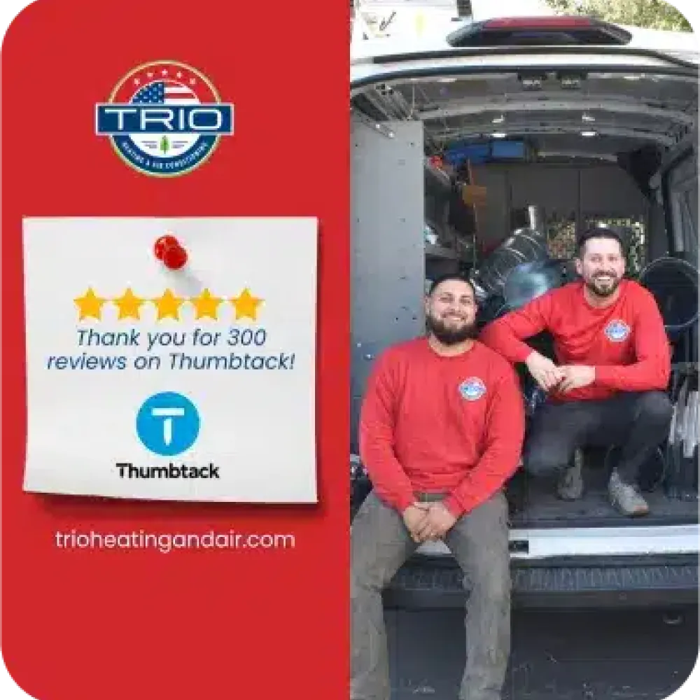 Two men in red shirts sit in the back of a work van. Next to them, a sign thanks customers for 300 Thumbtack reviews for Trio Heating and Air, highlighting their trusted HVAC and heating services.
