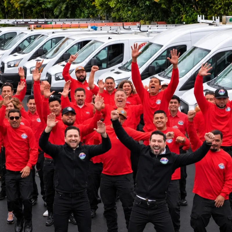 Happy team in red uniforms celebrating in front of parked white vans, displaying unity and enthusiasm for work.