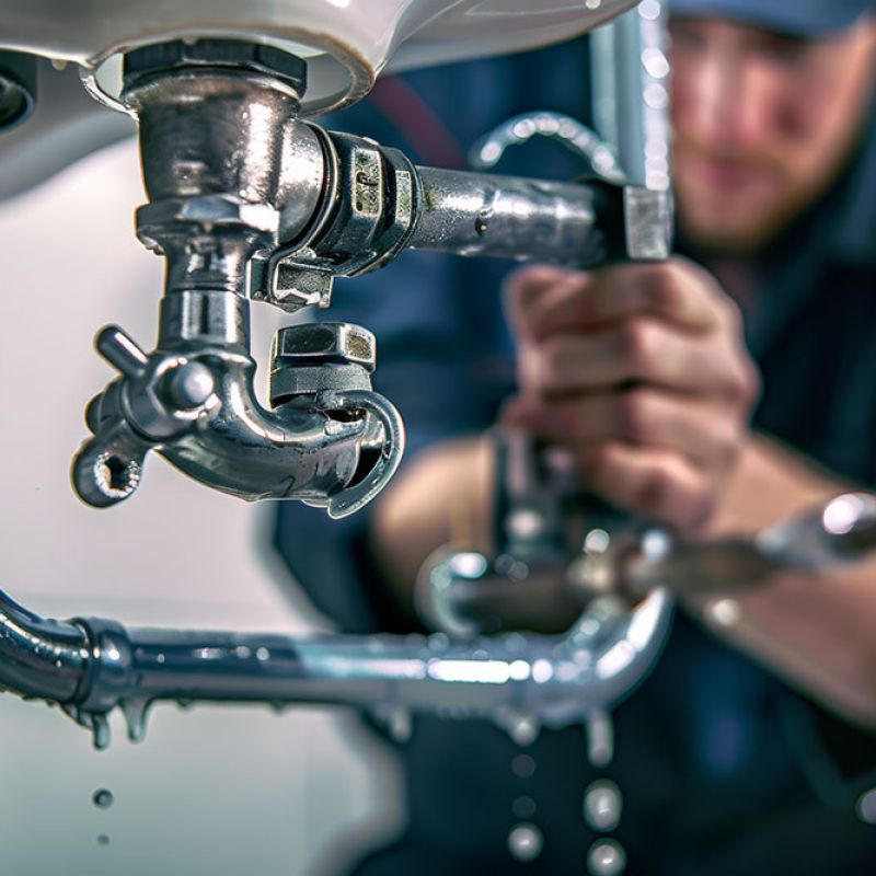 Plumber fixing a leaking sink pipe with wrench, water dripping, professional repair service.