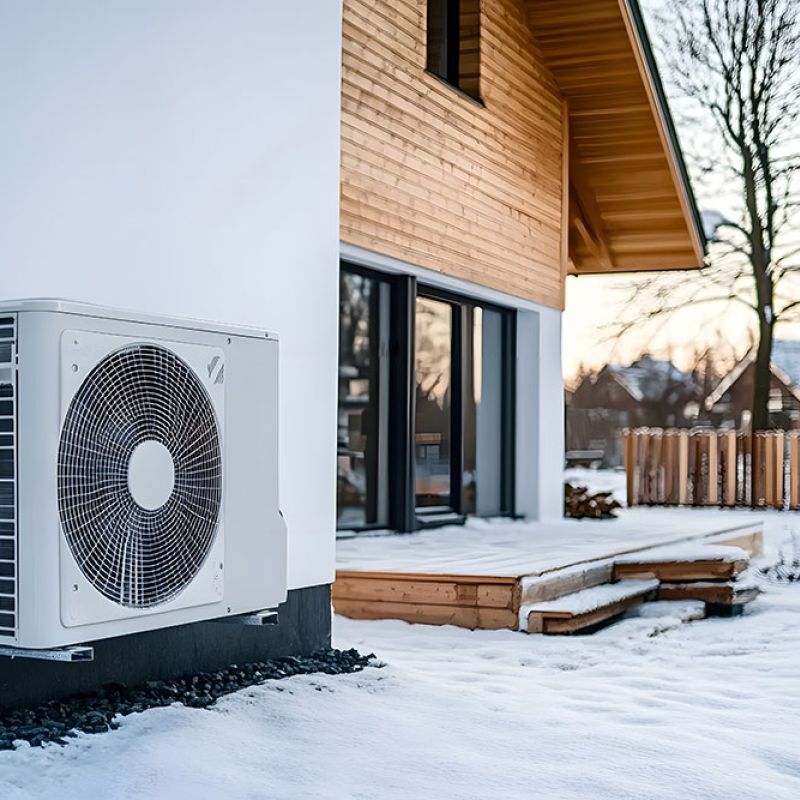 Outdoor heat pump unit on modern house in snowy winter setting, highlighting energy efficiency.