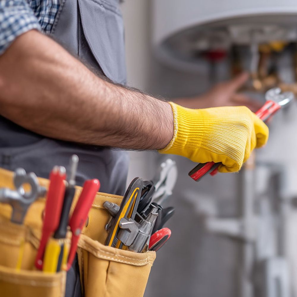Plumber repairing hot water heater, holding wrench, wearing tool belt and safety gloves.