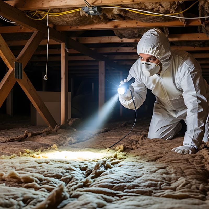 Person in protective gear inspects attic insulation with flashlight for mold or damage. Home inspection concept.