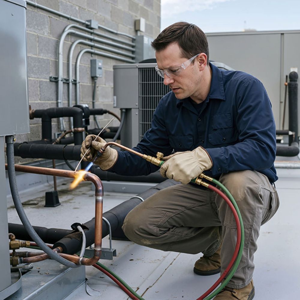Technician welding on rooftop HVAC unit, ensuring efficient heating and cooling system maintenance.