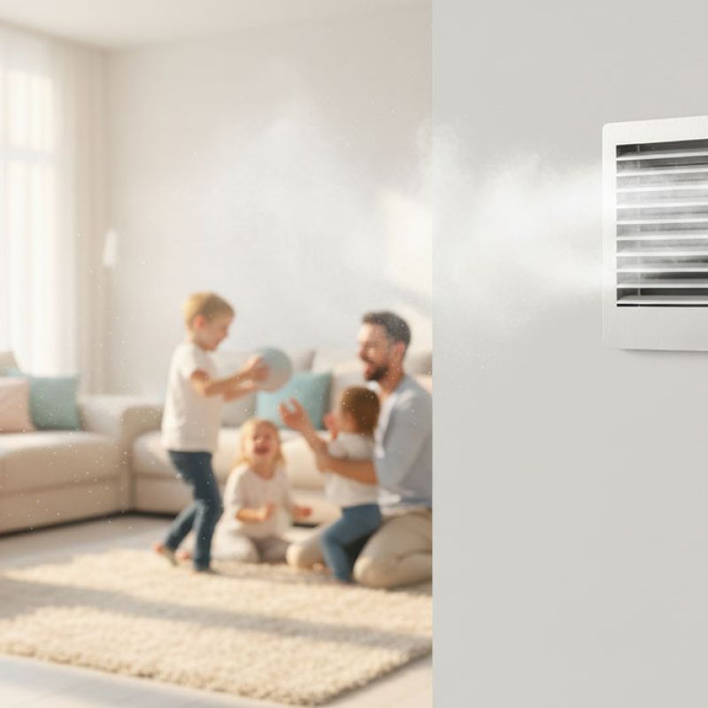 Air vent releasing clean air in a bright living room with family playing, enhancing indoor air quality and comfort.