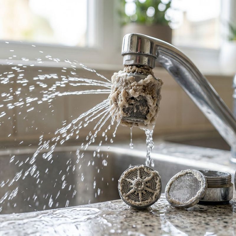 Leaky faucet with hard water residue causing water to spray sideways in a kitchen sink, illustrating maintenance need.